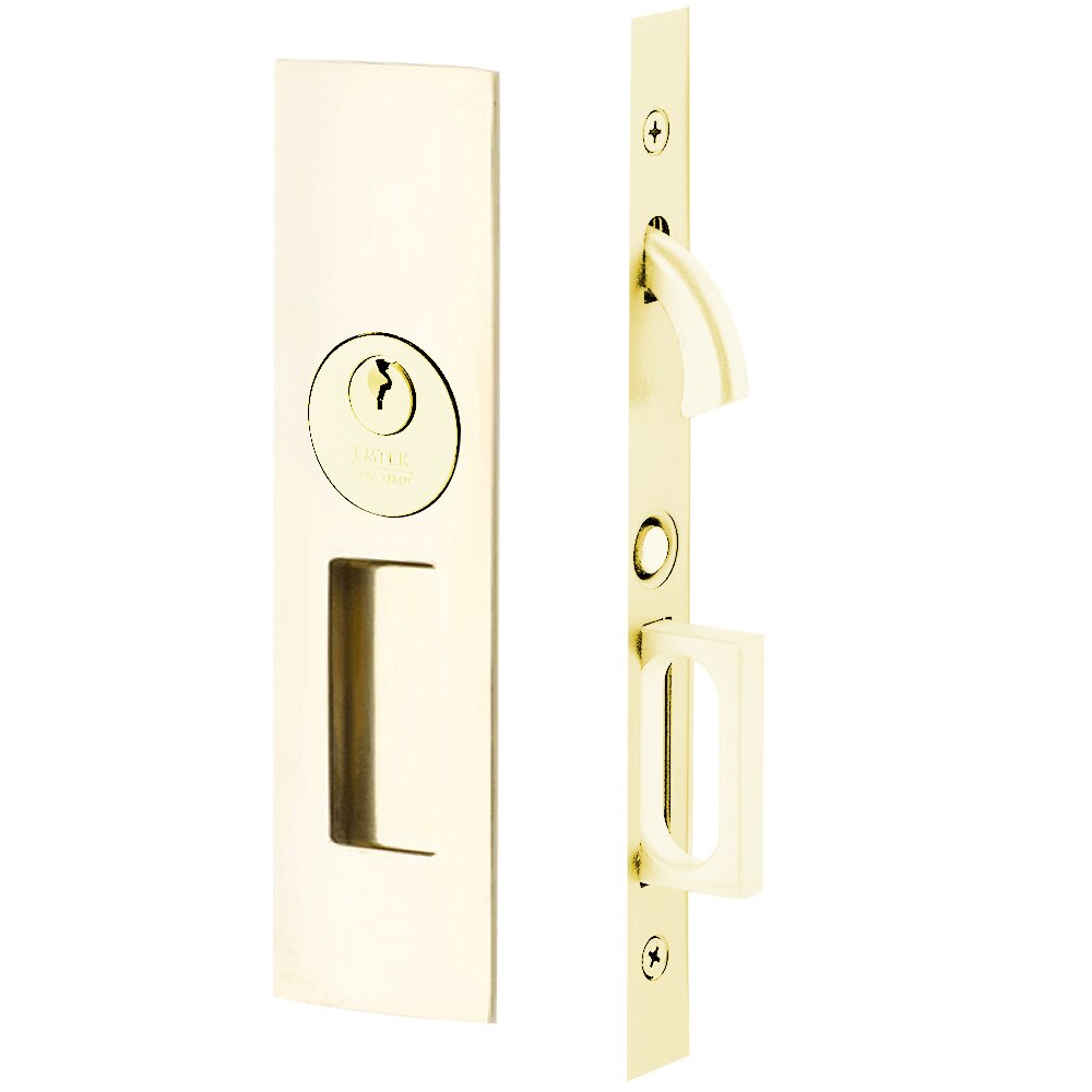 Emtek Narrow Modern Rectangular Keyed Pocket Door Mortise Lock in Unlacquered Brass