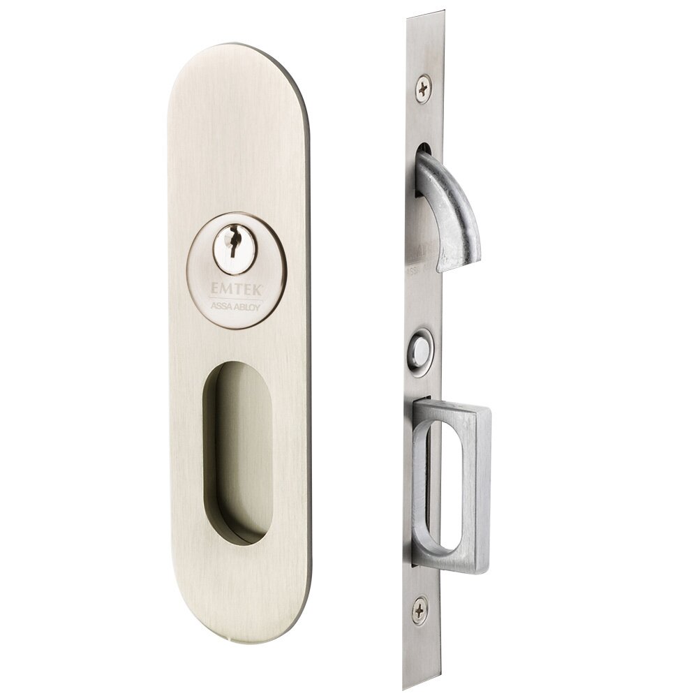 Emtek Narrow Modern Oval Keyed Pocket Door Mortise Lock in Satin Nickel
