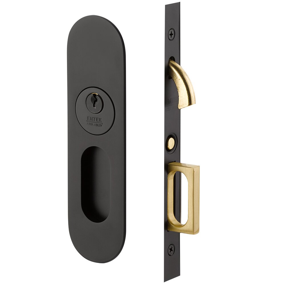 Emtek Narrow Modern Oval Keyed Pocket Door Mortise Lock in Flat Black