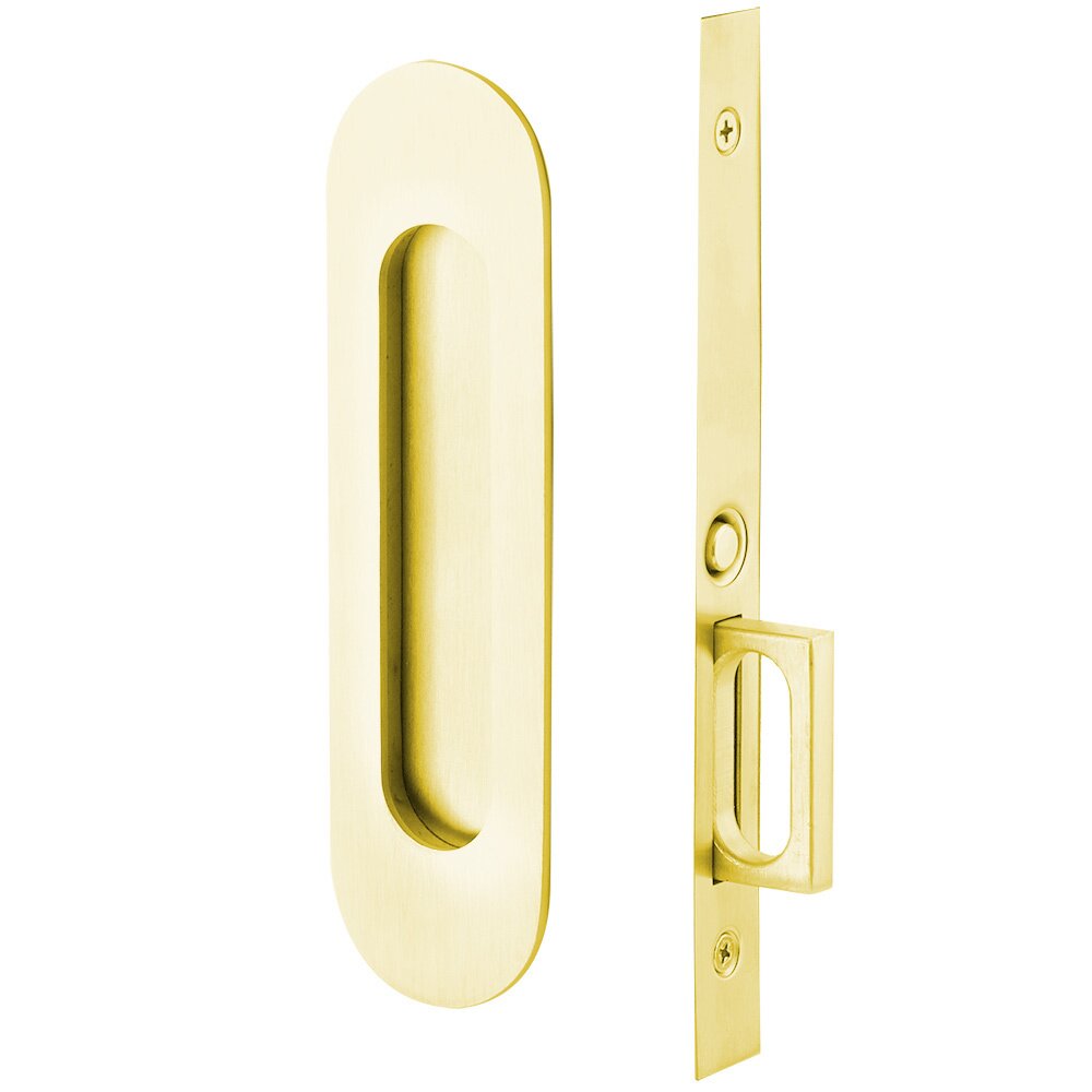 Emtek Narrow Modern Oval Mortise Passage Pocket Door Hardware in Unlacquered Brass
