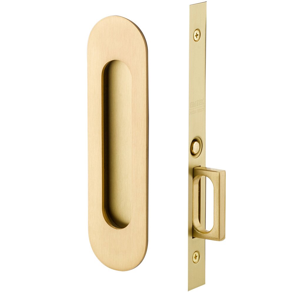 Emtek Narrow Modern Oval Mortise Passage Pocket Door Hardware in Satin Brass
