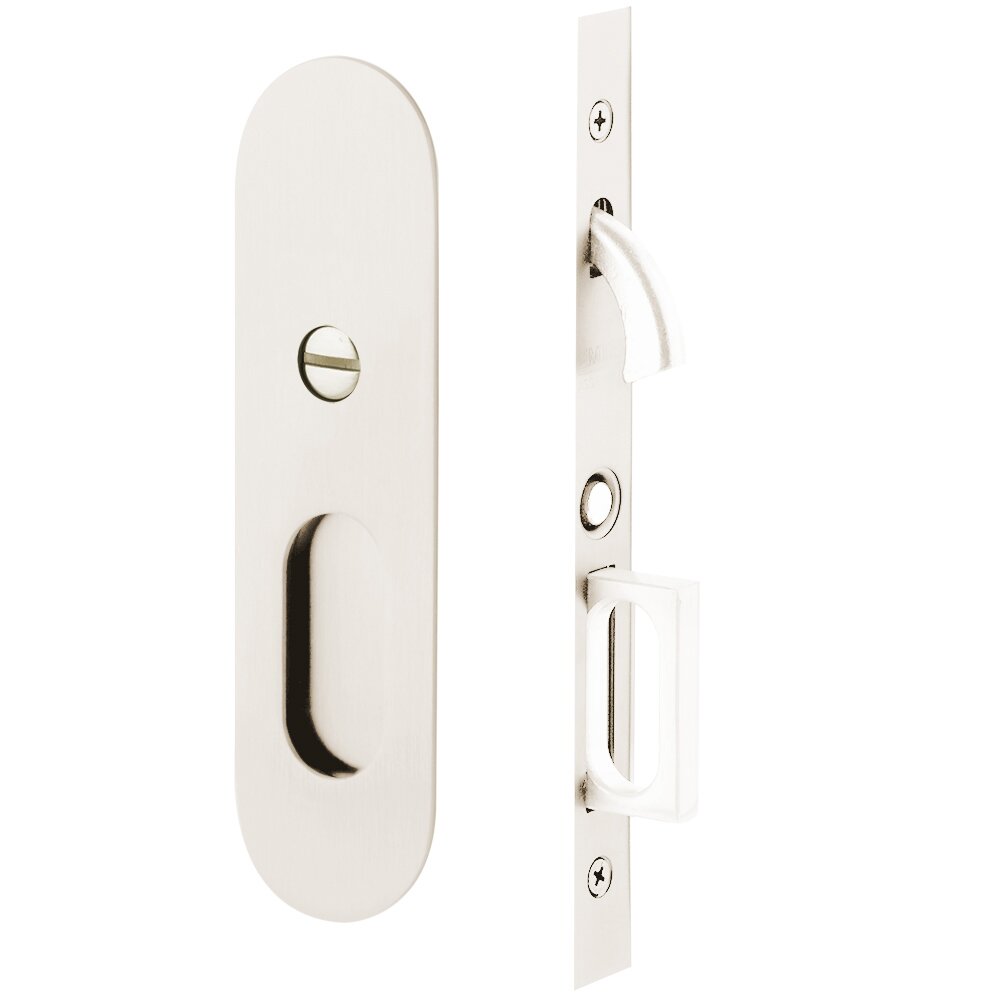 Emtek Narrow Modern Oval Privacy Pocket Door Mortise Lock in Polished Nickel