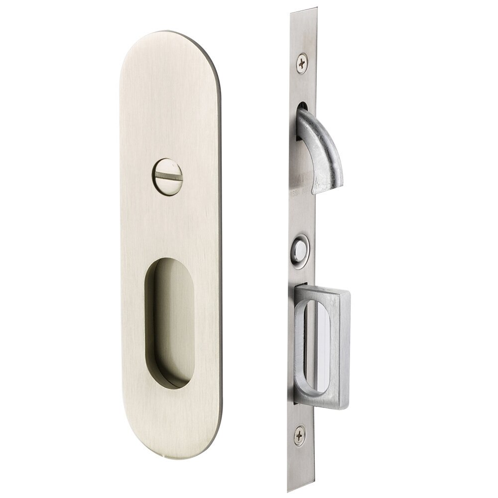 Emtek Narrow Modern Oval Privacy Pocket Door Mortise Lock in Satin Nickel
