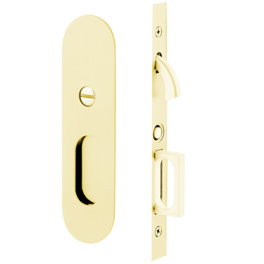 Emtek Narrow Modern Oval Privacy Pocket Door Mortise Lock in Unlacquered Brass