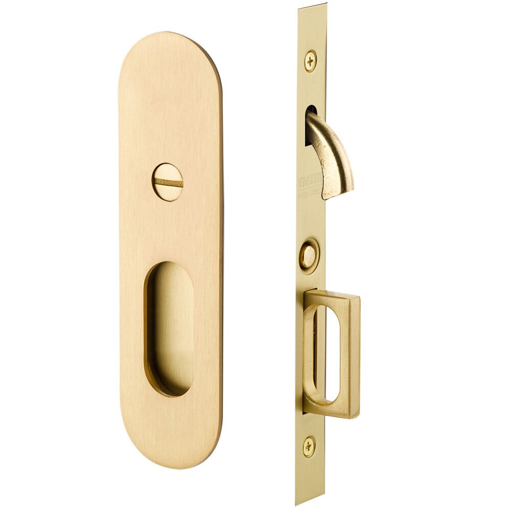 Emtek Narrow Modern Oval Privacy Pocket Door Mortise Lock in Satin Brass