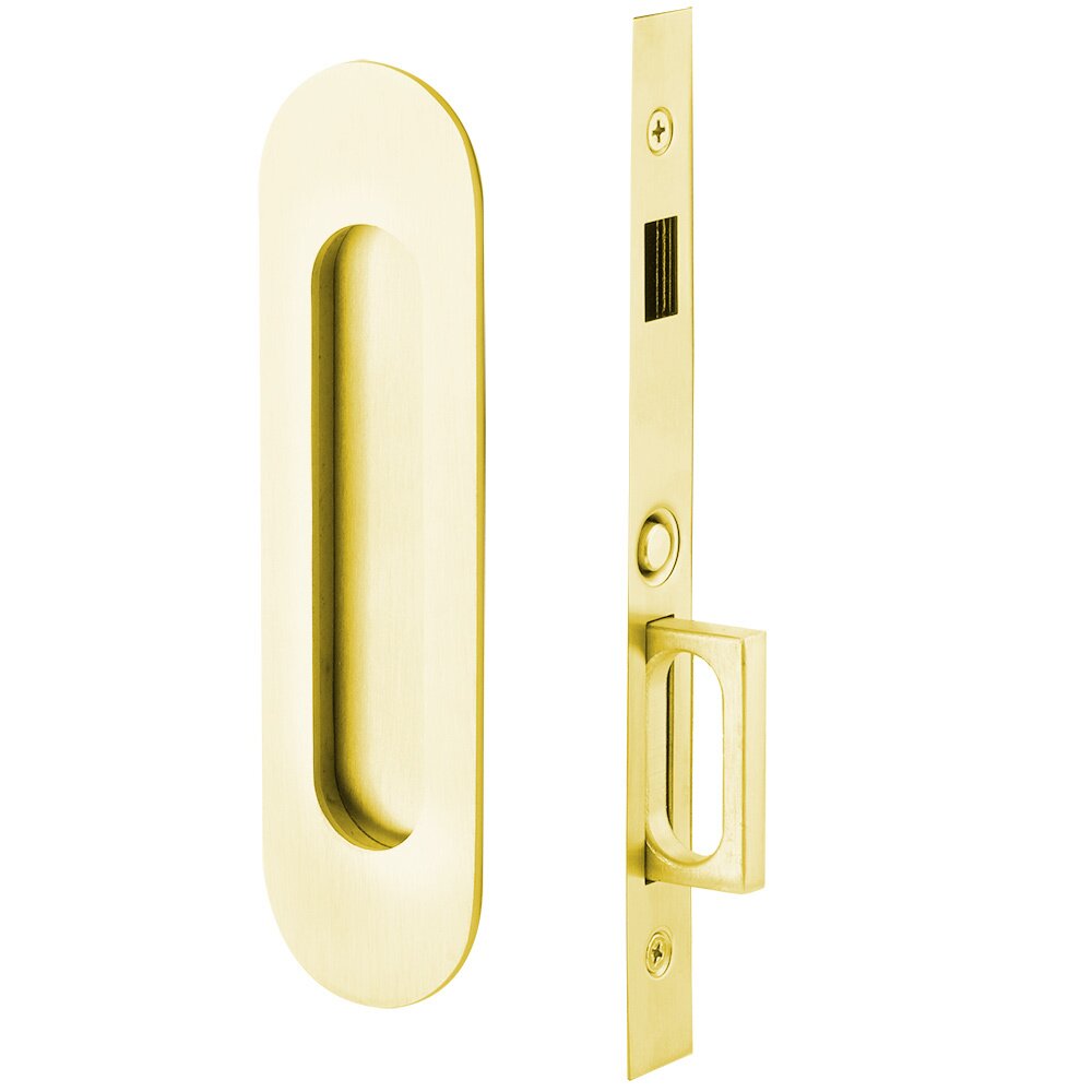 Emtek Narrow Modern Oval Dummy Pocket Door Mortise Hardware in Unlacquered Brass