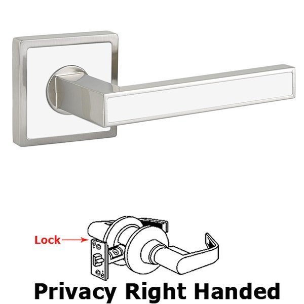 Emtek Privacy Right Handed Aruba Door Lever With Trinidad Rose in Satin Nickel with Pearl White