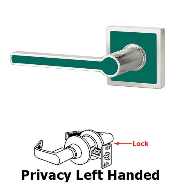 Emtek Privacy Left Handed Cayman Door Lever With Trinidad Rose in Satin Nickel with Sea Glass Green