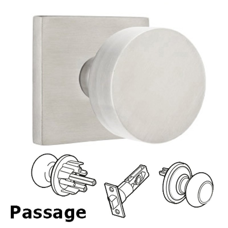 Emtek Round Passage Door Knob and Brushed Stainless Steel Square Rose with Concealed Screws