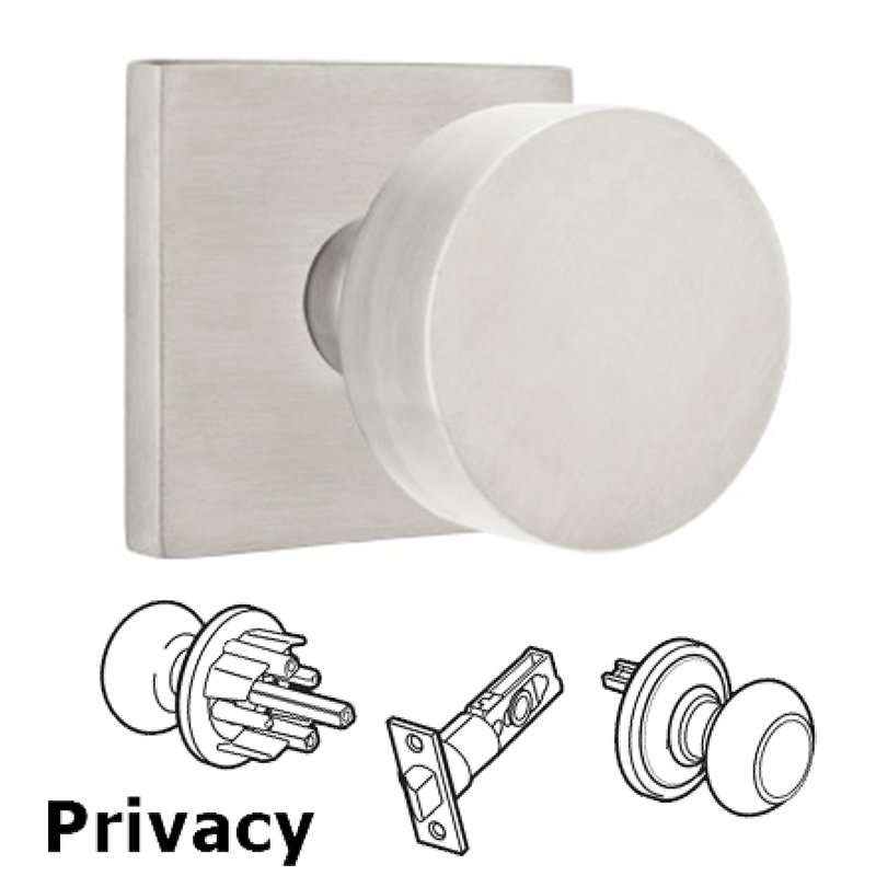 Emtek Round Privacy Door Knob and Brushed Stainless Steel Square Rose with Concealed Screws