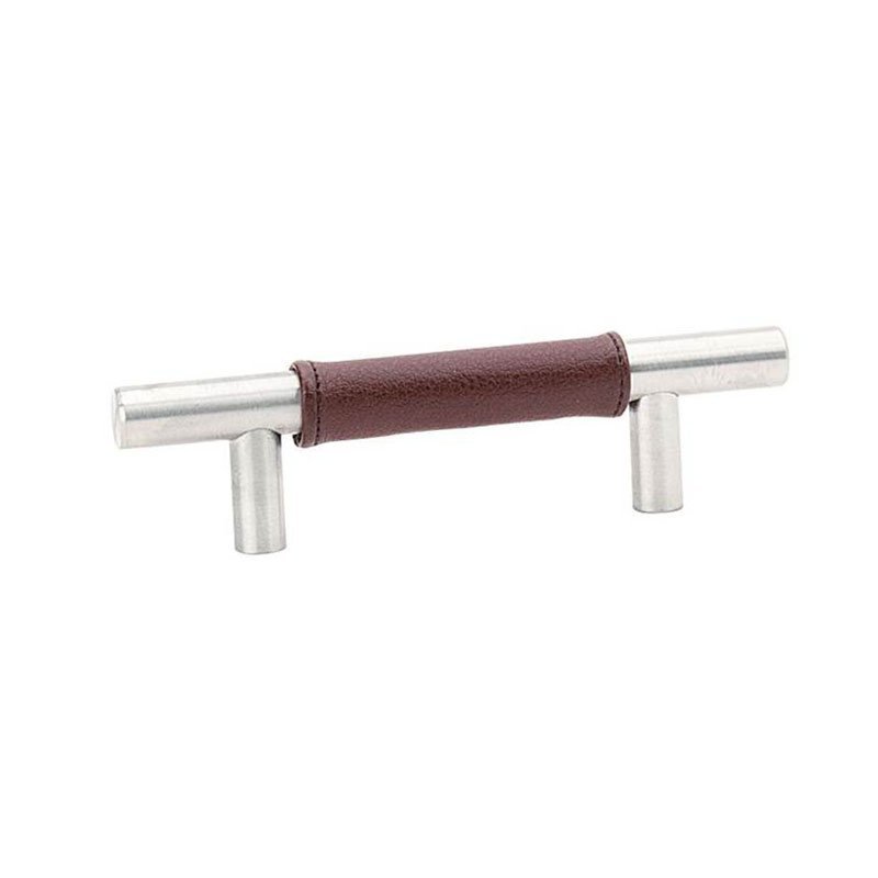 Emtek 3 1/2" Centers Brown Leather Bar Pull in Satin Stainless Steel