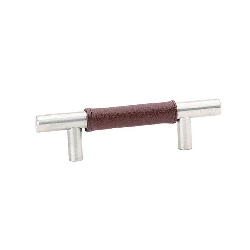 Emtek 12" Centers Brown Leather Bar Pull in Satin Stainless Steel