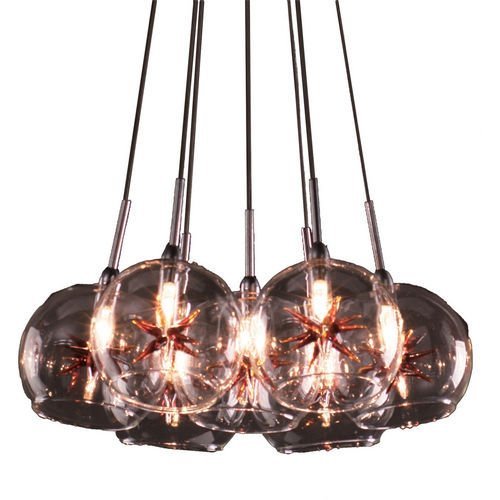 ET2 Lighting 12" 7-Light Chandelier in Satin Nickel with Clear/Amber Glass