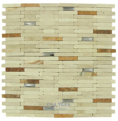 Distinctive Glass Marble Mosaic 11 1/4" x 12" Mesh Backed Sheet in Beige Marble Mosaic with Stainless Steel