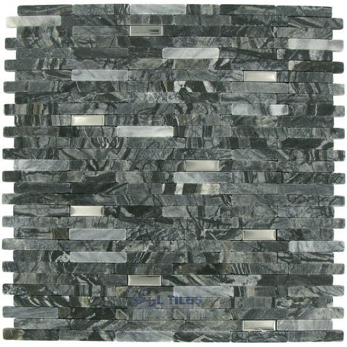 Distinctive Glass Marble Mosaic 11 1/4" x 12" Mesh Backed Sheet in Black Marble Mosaic with Stainless Steel