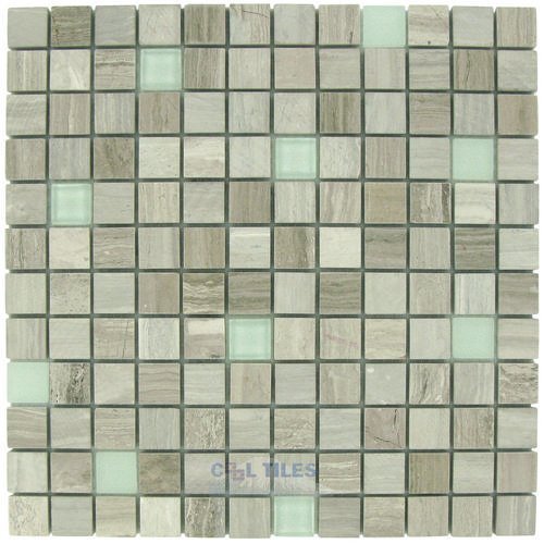 Distinctive Glass Marble Mosaic 11 3/4" x 11 3/4" Mesh Backed Sheet in Gray Marble and Light Green Glossy and Matte Glass