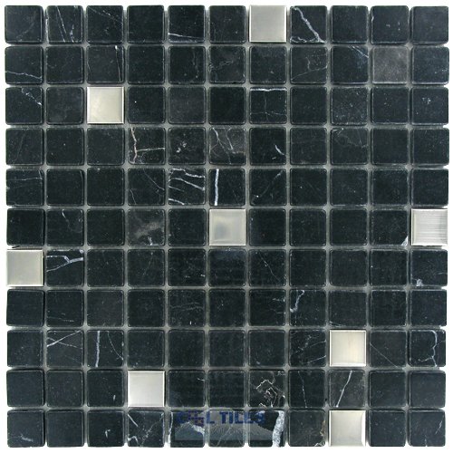 Distinctive Glass Marble Mosaic Black and Stainless Steel Squares 12" x 12" Mesh Backed Sheet
