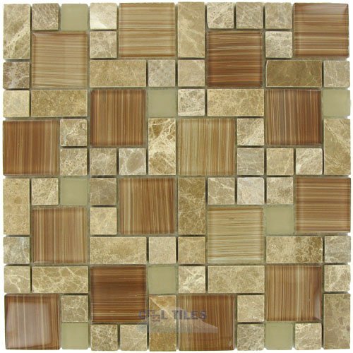Distinctive Glass Marble Mosaic 11 5/8" x 11 5/8" Mesh Backed Sheet in Brown Marble and Brown Glossy and Frosted Glass