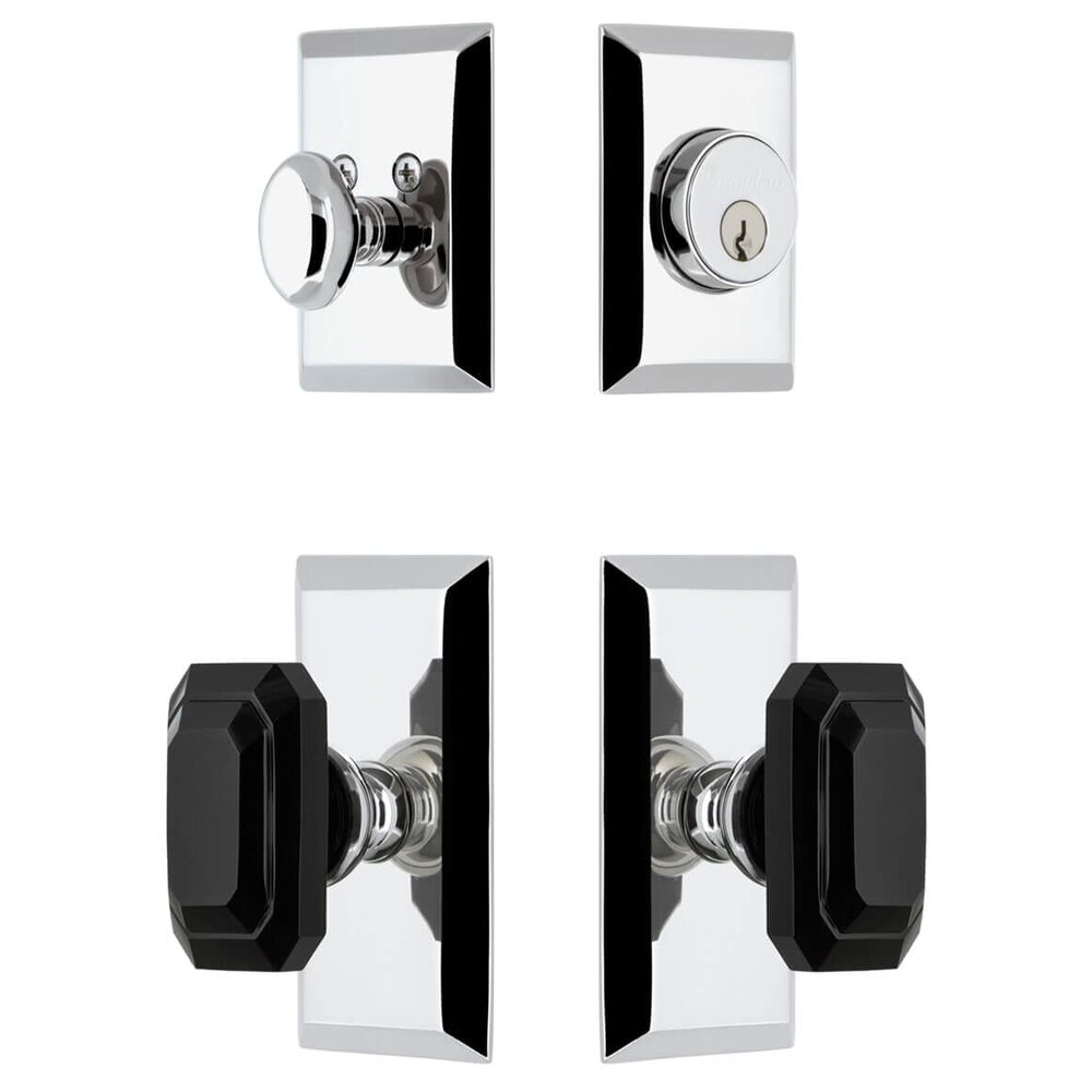 Grandeur Fifth Avenue Short Plate Entry Set with Baguette Black Crystal Knob in Bright Chrome