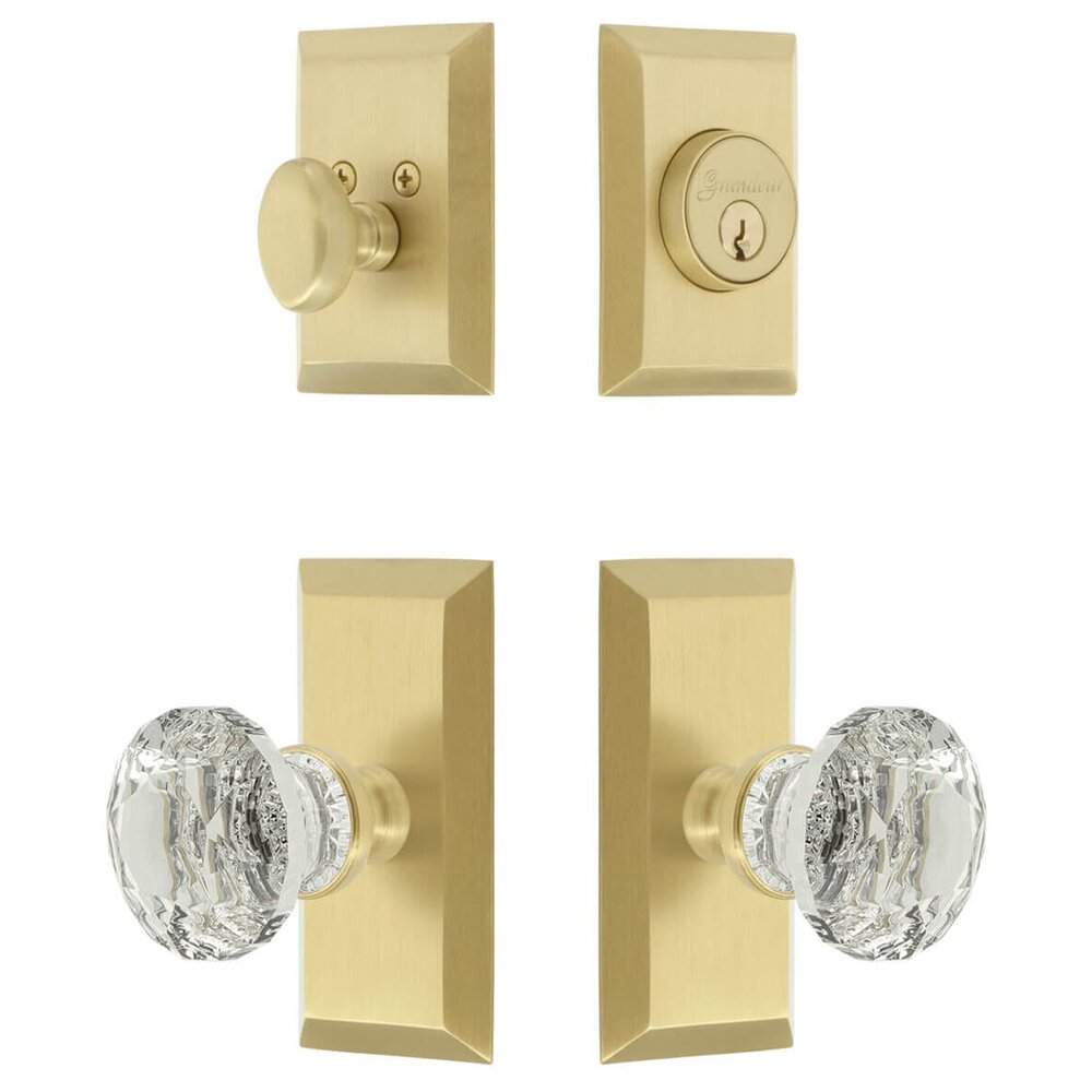 Grandeur Fifth Avenue Short Plate Entry Set with Brilliant Crystal Knob in Satin Brass