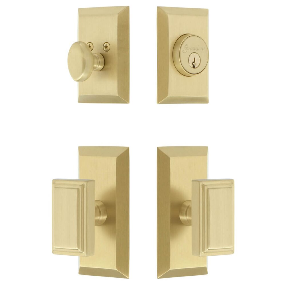 Grandeur Fifth Avenue Short Plate Entry Set with Carre Knob in Satin Brass