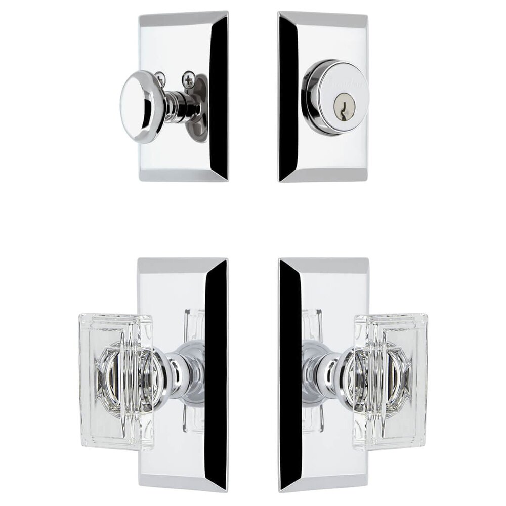 Grandeur Fifth Avenue Short Plate Entry Set with Carre Crystal Knob in Bright Chrome