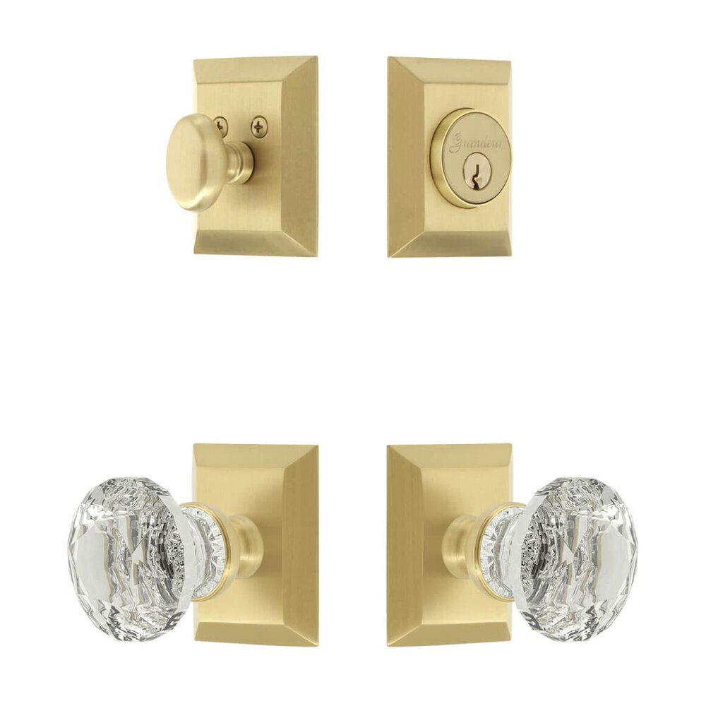 Grandeur Fifth Avenue Square Rosette Entry Set with Brilliant Crystal Knob in Satin Brass