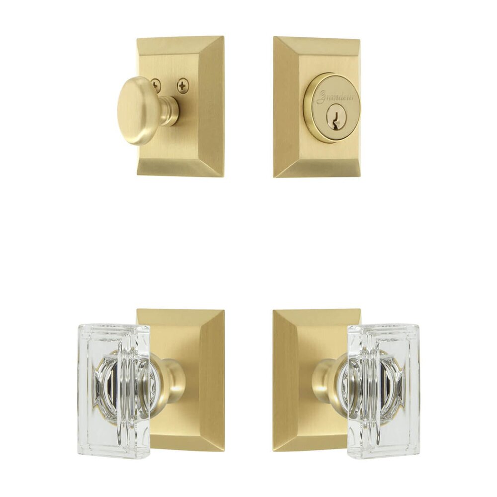 Grandeur Fifth Avenue Square Rosette Entry Set with Carre Crystal Knob in Satin Brass