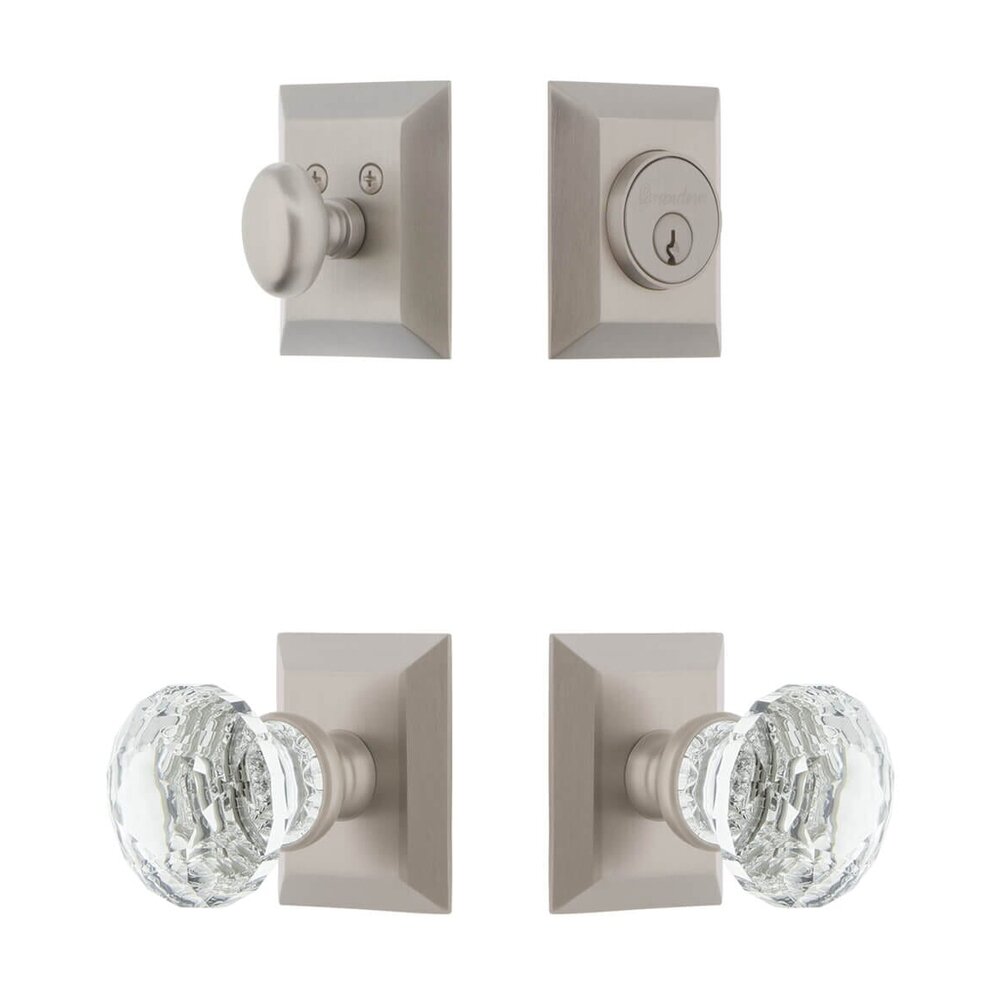 Grandeur Fifth Avenue Square Rosette Entry Set with Brilliant Crystal Knob in Satin Nickel