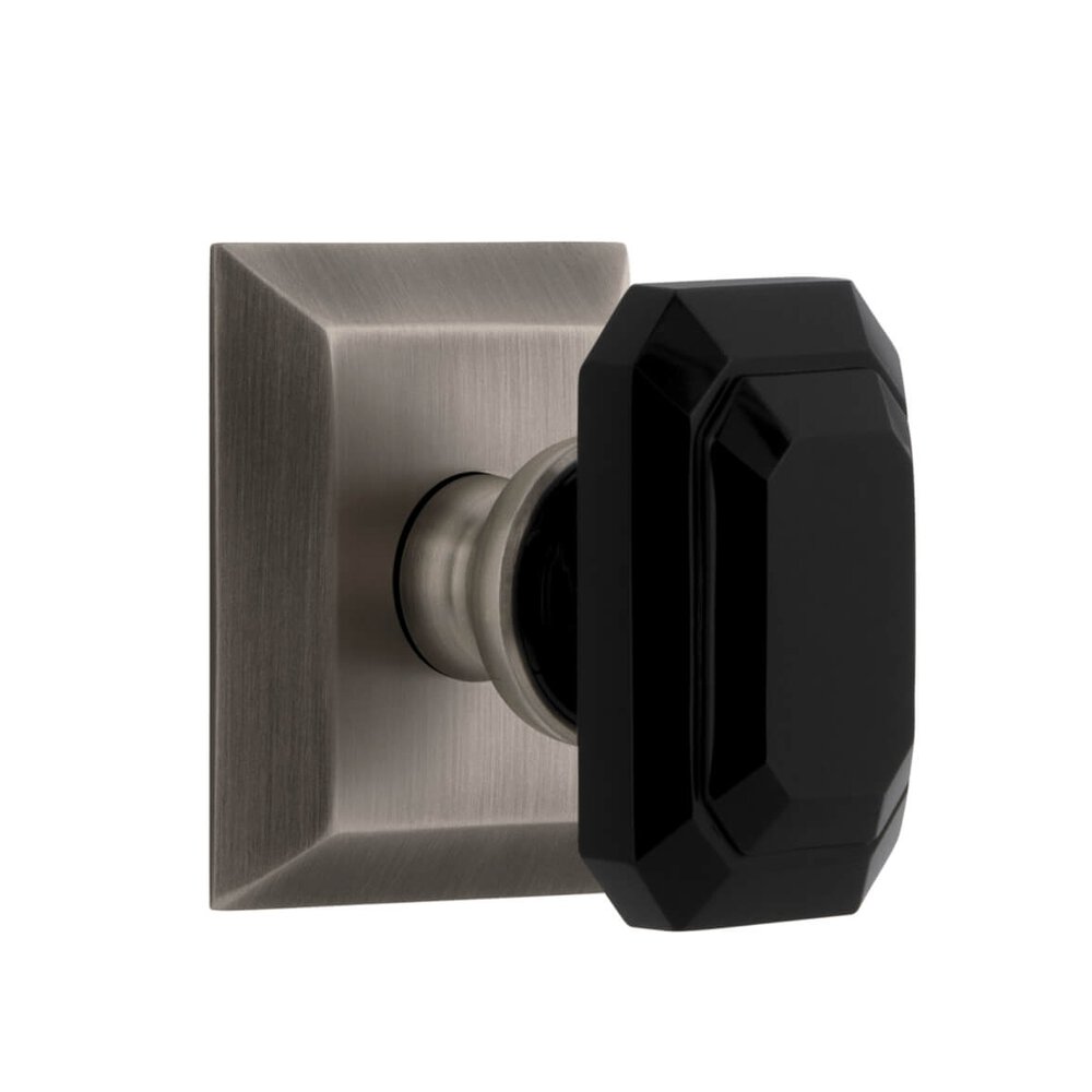 Grandeur Fifth Avenue Square Rosette Privacy with Baguette Black Crystal Knob in Antique Pewter