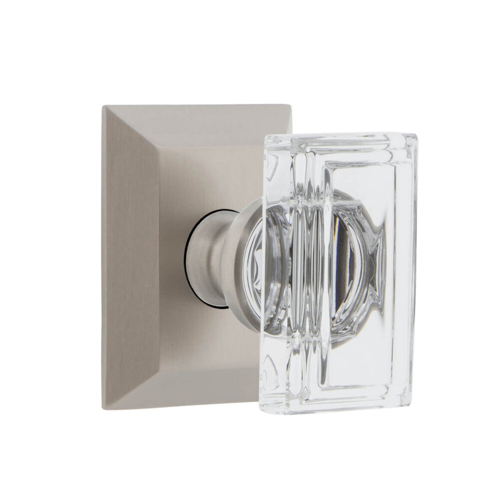 Grandeur Fifth Avenue Square Rosette Privacy with Carre Crystal Knob in Satin Nickel