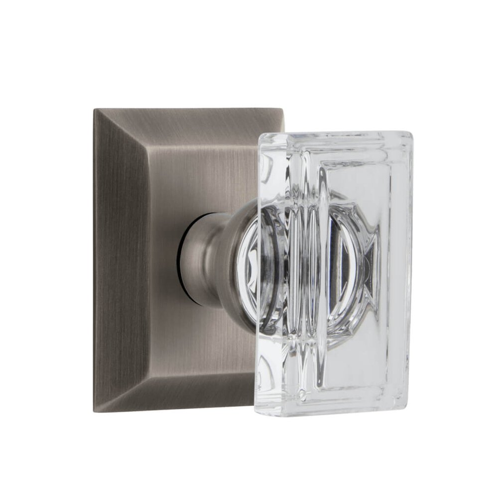 Grandeur Fifth Avenue Square Rosette Privacy with Carre Crystal Knob in Antique Pewter