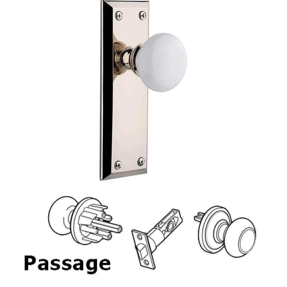 Grandeur Complete Passage Set - Fifth Avenue Plate with Hyde Park White Porcelain Knob in Polished Nickel