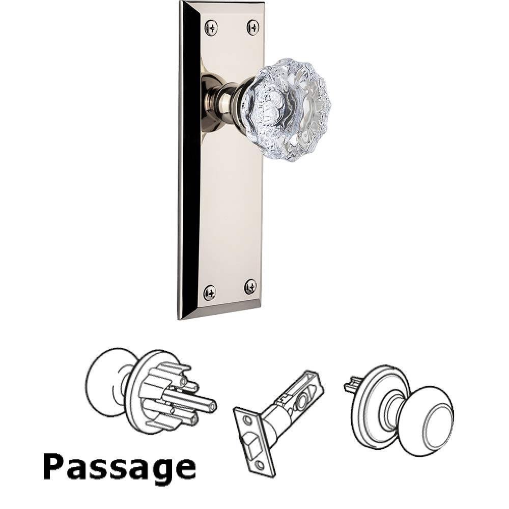 Grandeur Complete Passage Set - Fifth Avenue Plate with Fontainebleau Knob in Polished Nickel