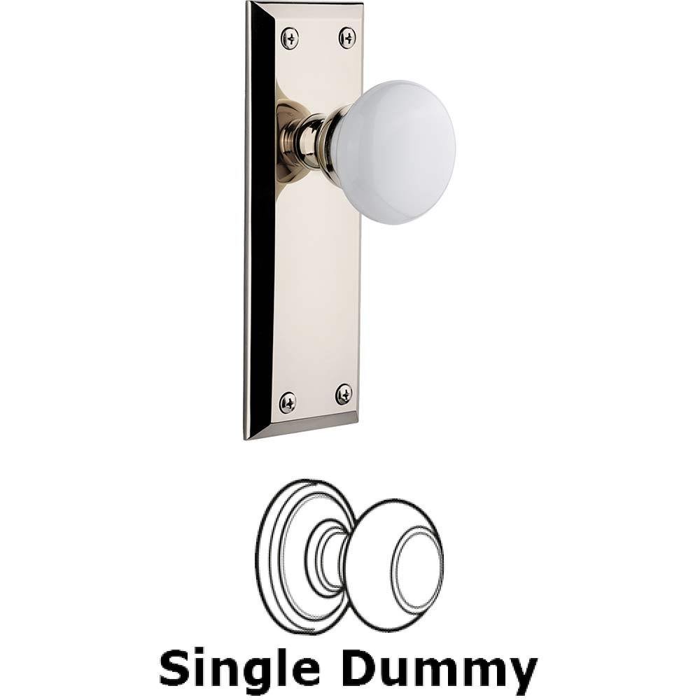 Grandeur Single Dummy Knob - Fifth Avenue Plate with Hyde Park White Porcelain Knob in Polished Nickel