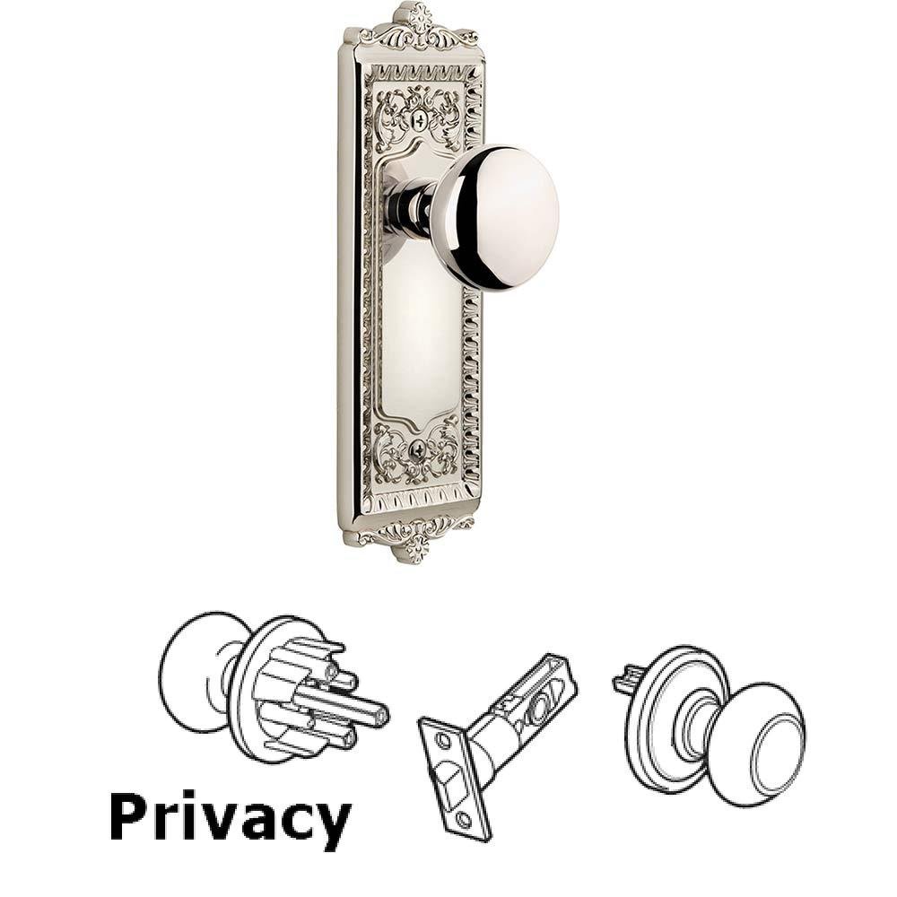 Grandeur Complete Privacy Set - Windsor Plate with Fifth Avenue Knob in Polished Nickel