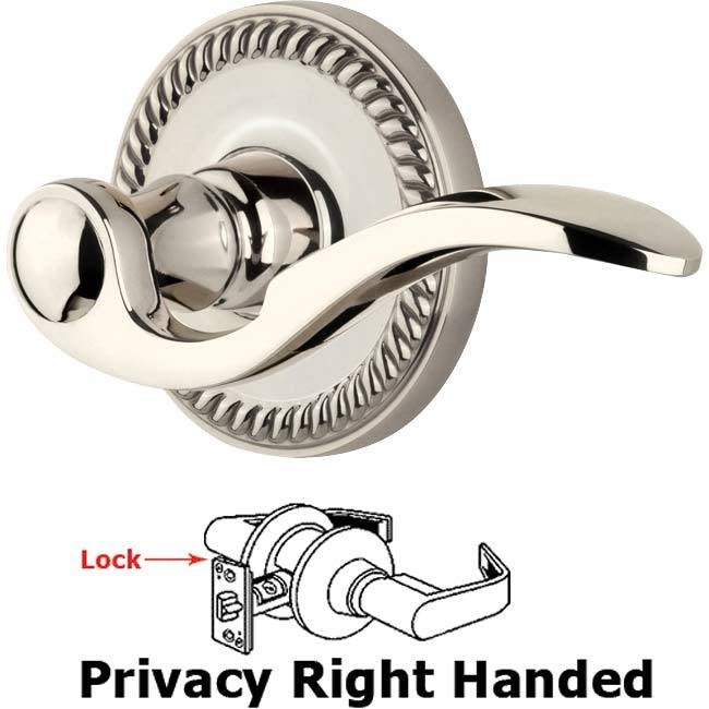 Grandeur Complete Privacy Set - Newport Rosette with Right Handed Bellagio Lever in Polished Nickel