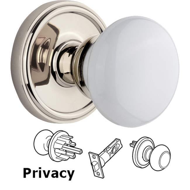 Grandeur Complete Privacy Set - Georgetown Rosette with Hyde Park White Porcelain Knob in Polished Nickel