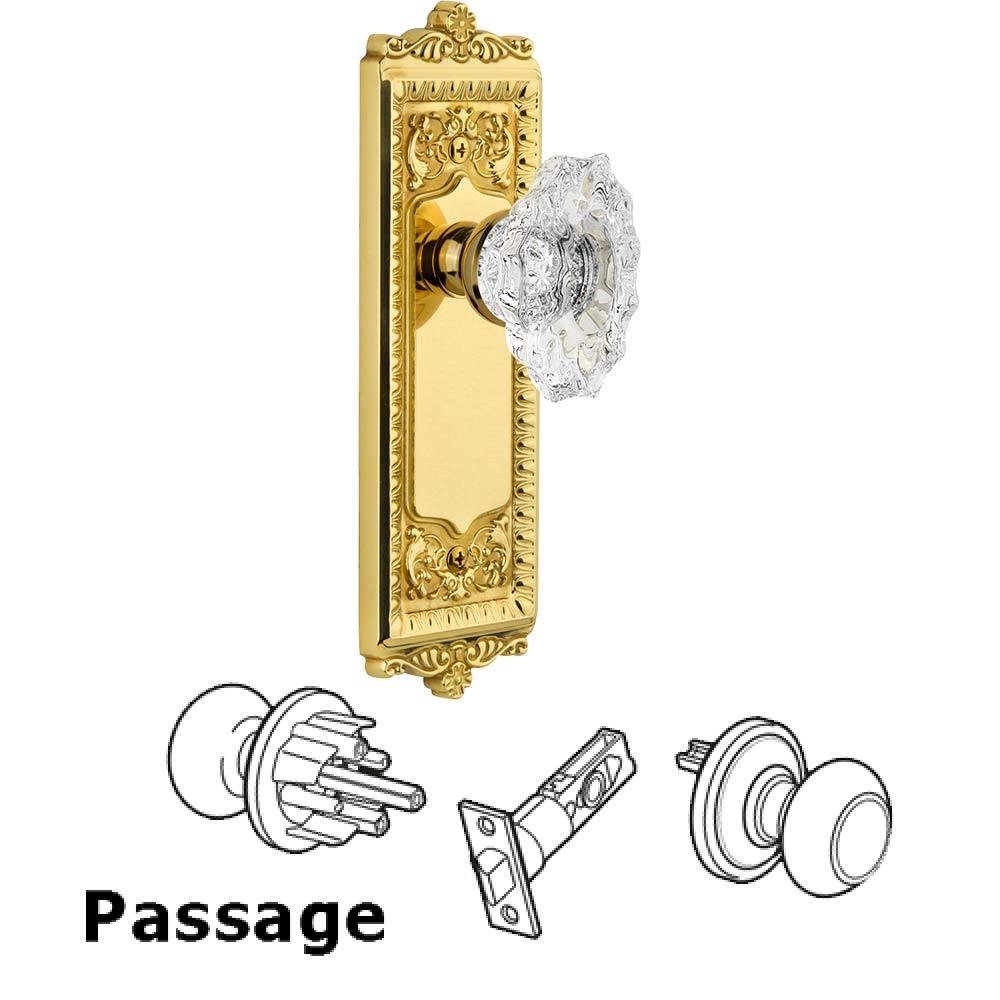 Grandeur Complete Passage Set - Windsor Plate with Crystal Biarritz Knob in Polished Brass