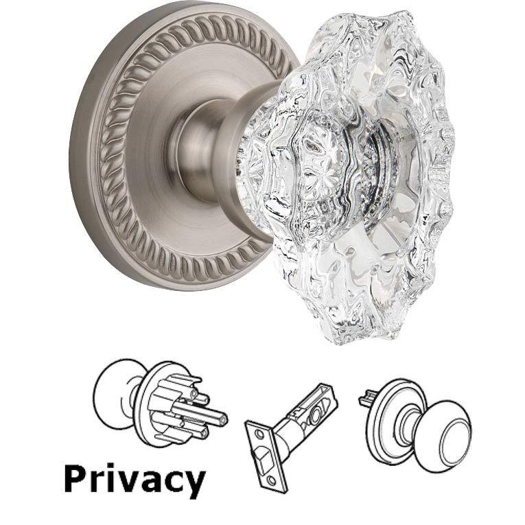 Grandeur Complete Privacy Set - Newport Rosette with Crystal Biarritz Knob in Satin Nickel