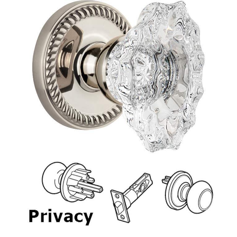 Grandeur Complete Privacy Set - Newport Rosette with Crystal Biarritz Knob in Polished Nickel