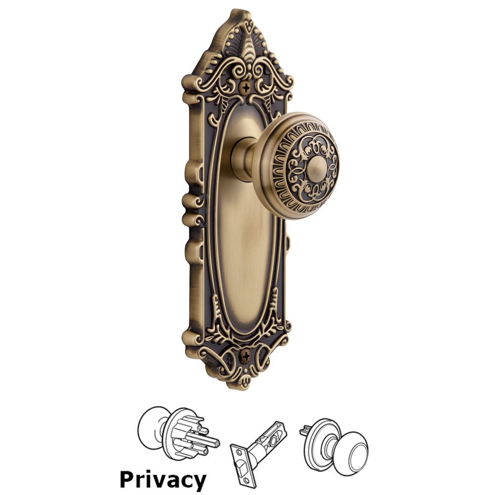 Grandeur Grandeur Grande Victorian Plate Privacy with Windsor Knob in Vintage Brass
