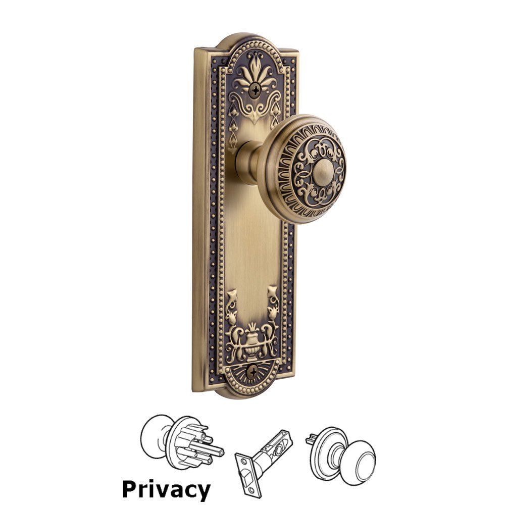 Grandeur Grandeur Parthenon Plate Privacy with Windsor Knob in Vintage Brass