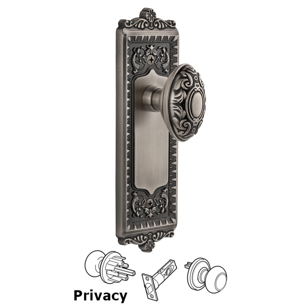 Grandeur Windsor Plate Privacy with Grande Victorian knob in Antique Pewter