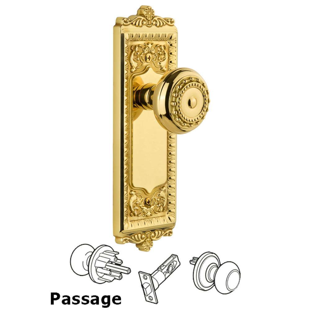 Grandeur Windsor Plate Passage with Parthenon knob in Polished Brass