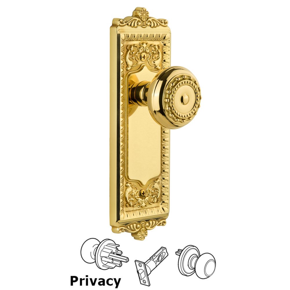 Grandeur Windsor Plate Privacy with Parthenon knob in Polished Brass