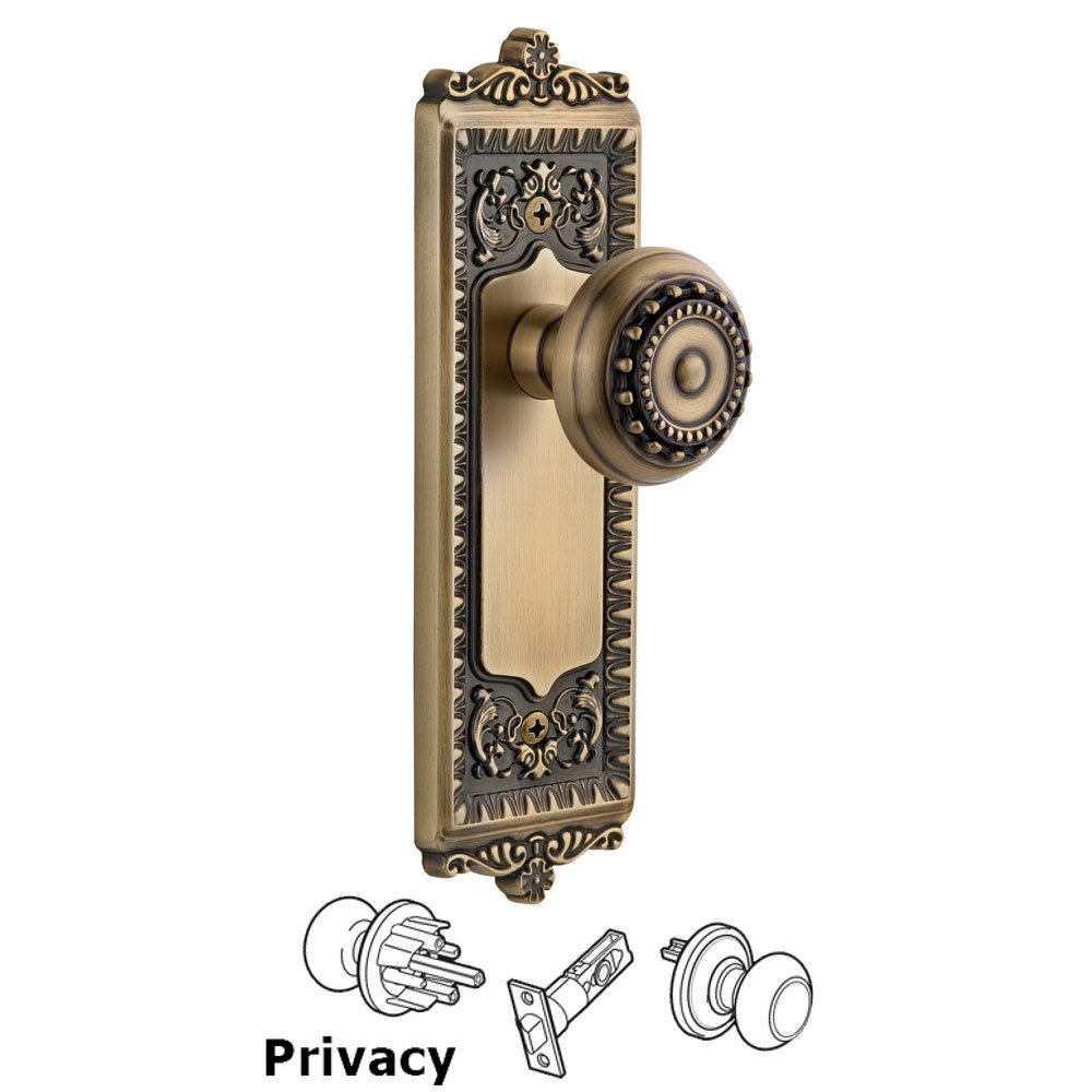 Grandeur Windsor Plate Privacy with Parthenon knob in Vintage Brass