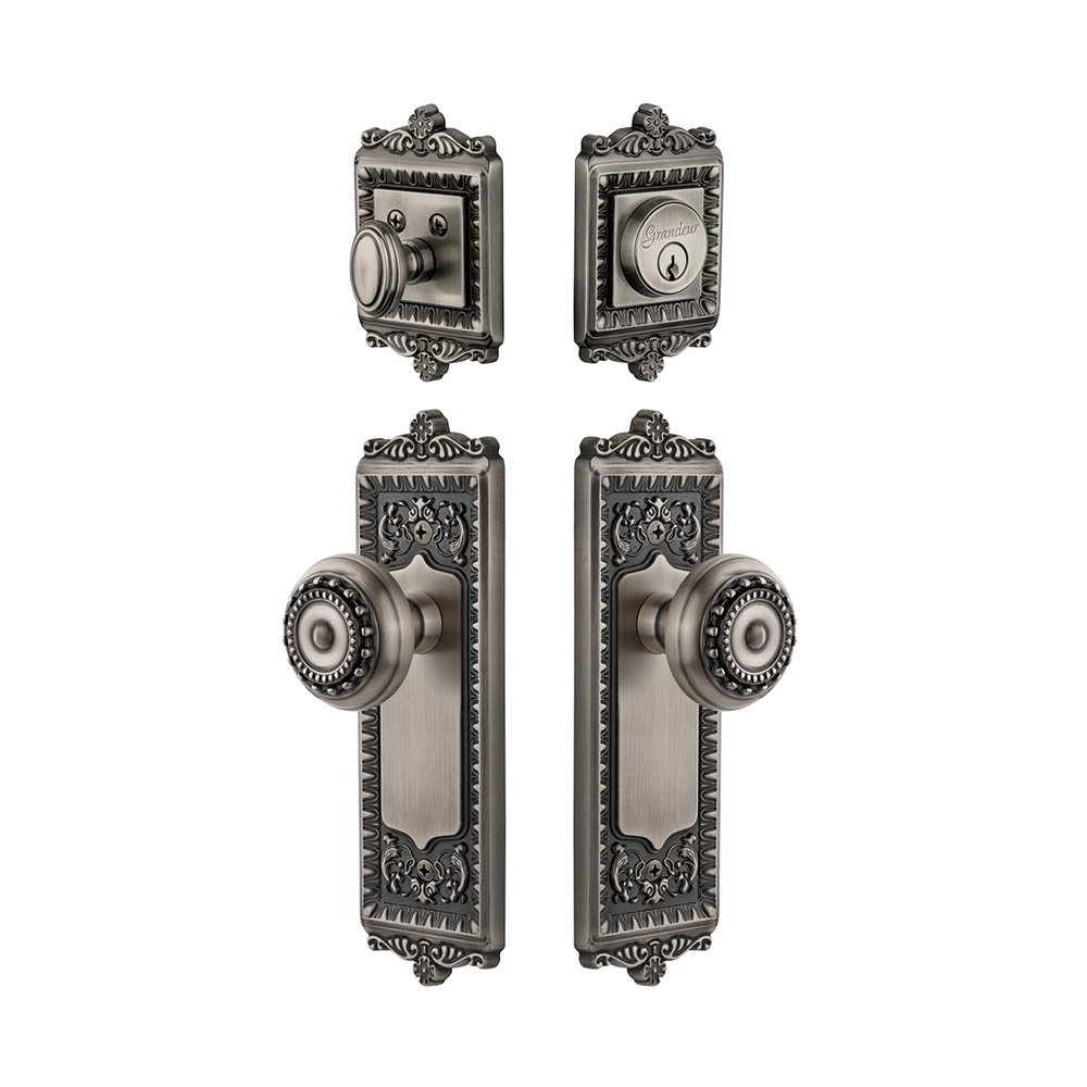 Grandeur Windsor Plate With Parthenon Knob & Matching Deadbolt In Antique Pewter