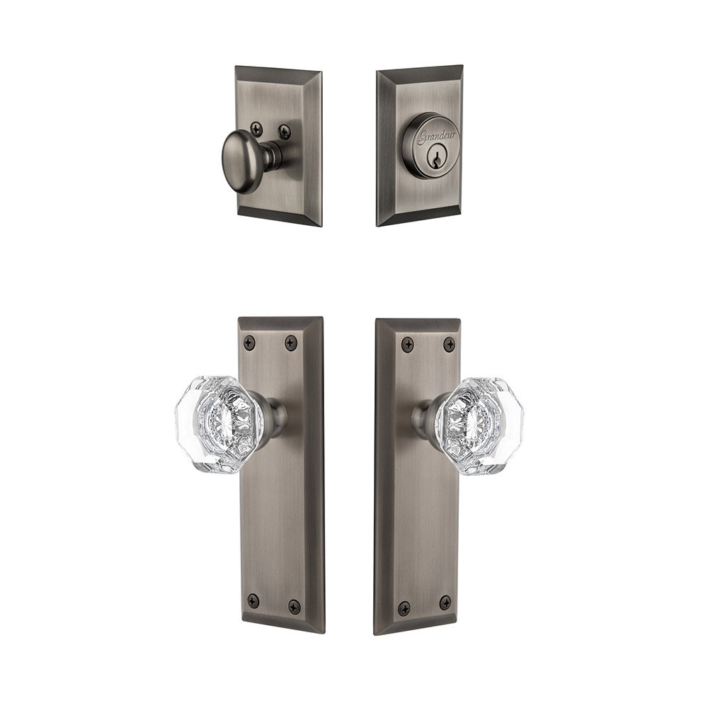 Grandeur Fifth Avenue Plate With Chambord Crystal Knob & Matching Deadbolt In Antique Pewter