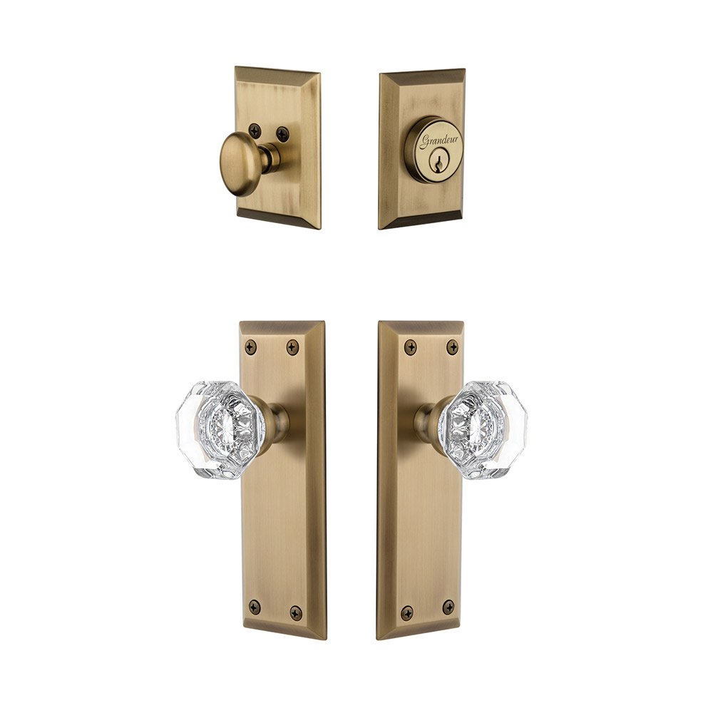Grandeur Fifth Avenue Plate With Chambord Crystal Knob & Matching Deadbolt In Vintage Brass